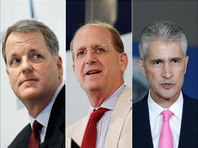 This combination made from file photos shows, from left, American Airlines CEO Doug Parker, Delta CEO Richard Anderson, and United Airlines CEO Jeff Smisek. The CEOs are asking federal officials to renegotiate or kill treaties that have allowed airlines from Qatar and the United Arab Emirates to increase flights to the U.S. (AP Photos, File)