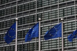 BRUSSELS, BELGIUM - OCTOBER 24: European Union flags are pictured outside the European Commission building on October 24, 2014 in Brussels, Belgium. Alongside criticism from outgoing European Commission president Jose Manuel Barroso on the UK's stance on EU immigration and a plan to quit the European Court of Human Rights, the UK has now been told to pay an extra £1.7bn GBP (2.1bn EUR) towards the EU's budget because its economy has performed better than expected.