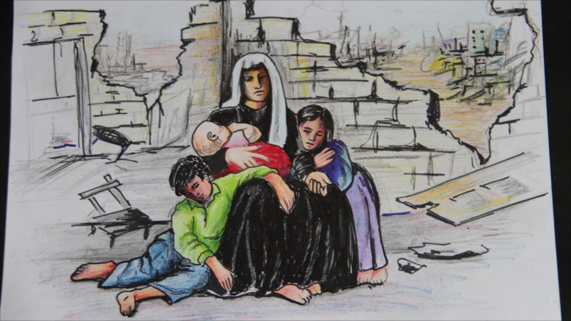 رسومات لأطفال من غزة ويظهر من خلالها التعبير عن الرسومات