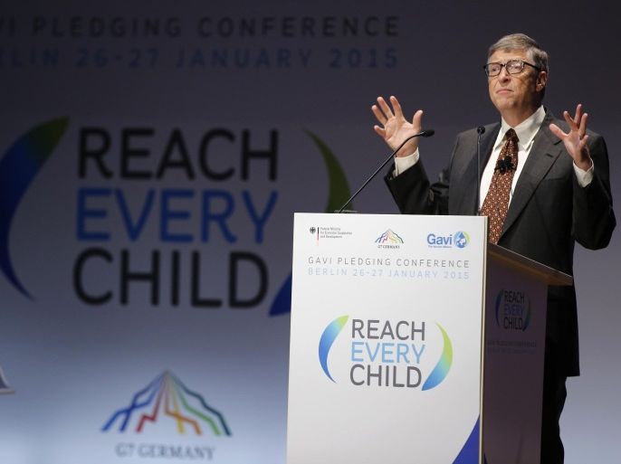 Billionaire philanthropist Bill Gates addresses the audience of the Global Alliance for Vaccines and Immunisation (GAVI) conference in Berlin January 27, 2015. REUTERS/Fabrizio Bensch (GERMANY - Tags: HEALTH SOCIETY)