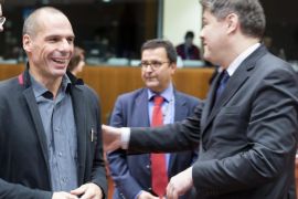 Dutch Minister of Finance, President of the Council Jeroen Dijsselbloem (L) is talking with the Greek Finance Minister Yanis Varoufakis (C) and the Croatian Minister of Finance Boris Lalovac (R) at the start of a Commission-European Investment Bank meeting at EU council headquarters, in Brussels, Belgium, 17 February 2015. Commission-EIB will discuss a partnership for jobs, growth and investment.