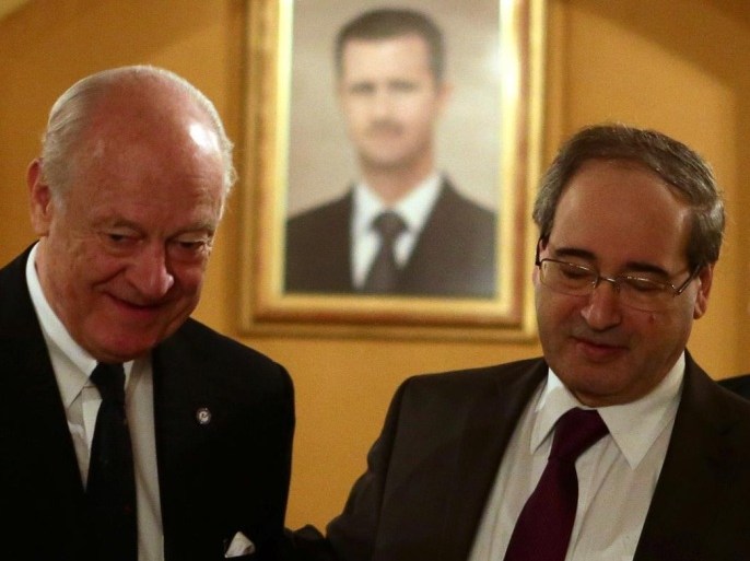 Syrian Deputy Foreign Minister Faisal Moqdad (R) meets with United Nations (UN) special envoy for Syria, Staffan de Mistura in the Syrian capital Damascus on February 11, 2015. Mistura is in Syria to hold talks on a possible 'freeze' in the fighting in Syria's second city Aleppo. AFP PHOTO / LOUAI BESHARA
