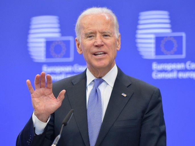 BRUSSELS, BELGIUM - FEBRUARY 6: U.S. Vice President Joe Biden gestures as he speaks during a press conference prior to a meeting with European Council President Donald Tusk in Brussels, Belgium on February 6, 2015.