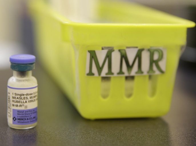 FOR USE AS DESIRED WITH MEASLES STORIES - A measles vaccine is shown on a countertop at the Tamalpais Pediatrics clinic Friday, Feb. 6, 2015, in Greenbrae, Calif. (AP Photo/Eric Risberg)