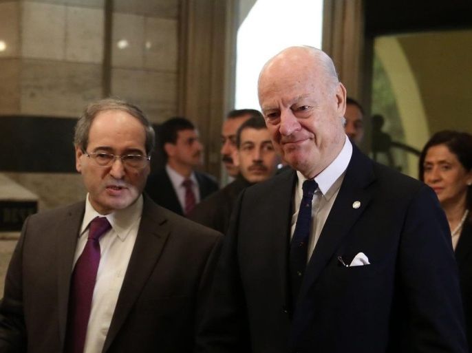 UN peace envoy to Syria Staffan de Mistura (R) walks with Syrian Deputy-Foreign Minister Faisal Mekdad (L), after returning to his residence at Sheraton hotel in Damascus, Syria, 11 February 2015. De Mistura is on an official visit to Syria to push ahead with his initiative to freeze fighting in the northern city of Aleppo. He met a day earlier with Syrian Foreign Minister Walid al-Moallem.
