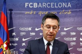 Barcelona's President Josep Maria Bartomeu attends a news conference at Camp Nou stadium in Barcelona January 7, 2015. Bartomeu has called presidential elections for the end of the season as a result of dissatisfaction with his running of the La Liga club, he told a news conference on Wednesday. REUTERS/Albert Gea (SPAIN - Tags: SPORT SOCCER)
