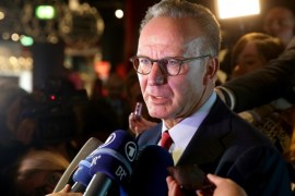 MUNICH, GERMANY - JANUARY 26: Karl-Heinz Rummenigge, CEO of FC Bayern Muenchen talks to the media after the opening of the exhibition 'Players, Fighters and Legends. Jews in German Football' at the FC Bayern Erlebniswelt museum at Allianz Arena on January 26, 2015 in Munich, Germany.