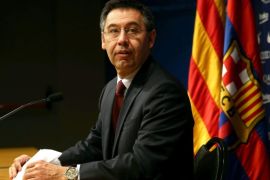 File pictured dated last 07 January 2015 that shows FC Barclona's president Josep Maria Bartomeu during a press conference held in Barcelona, Catalonia, Spain. The High Court's judge Pablo Ruz has imputed to Bartomeu in the ongoing tax fraud investigation involving the club's signing of Brazilian striker Neymar. Bartomeu must state upcoming 13 February.