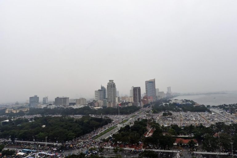 A panoramic view as Pope Francis leads a mass at Quirino grandstand in Rizal Park, Manila, Philippines, 18 January 2015. Authorities expect up to 5 million people will attend a public Mass scheduled at Manila's Rizal Park on January 18.The Philippines is the largest predominantly Catholic country in Asia.
