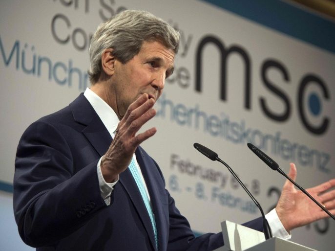 US Secretary of State John Kerry delivers remarks during the third day of the 51st Munich Security Conference (MSC) in Munich, southern Germany, on February 8, 2015. AFP PHOTO / POOL / JIM WATSON