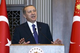 Turkey's Pesident Tayyip Erdogan addresses the provincial governors of Turkey during a meeting at the Presidential Palace in Ankara February 27, 2015. Turkish Central Bank Governor Erdem Basci sought to calm jittery investors on Friday, dismissing rumours that he would resign and giving a brief lift to the lira currency after it tumbled to a record low.Basci's future, and the independence of the central bank, have been a concern for investors since President Tayyip Erdogan stepped up criticism of the bank this week after it failed to meet his demand for bigger rate cuts. Speaking at a lunch for provincial governors on Friday, Erdogan did not mention the bank's latest rate decision but repeated his view that high interest rates amounted to a betrayal of the nation. REUTERS/Kayhan Ozer/Presidential Palace Press Office/Handout via Reuters (TURKEY - Tags: POLITICS) ATTENTION EDITORS - NO SALES. NO ARCHIVES. FOR EDITORIAL USE ONLY. NOT FOR SALE FOR MARKETING OR ADVERTISING CAMPAIGNS. THIS IMAGE HAS BEEN SUPPLIED BY A THIRD PARTY. IT IS DISTRIBUTED, EXACTLY AS RECEIVED BY REUTERS, AS A SERVICE TO CLIENTS
