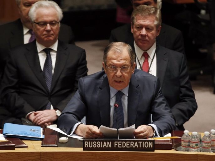 Russian Foreign Minister Sergey Lavrov addresses a meeting of the United Nations Security Council at the U.N. headquarters in New York, February 23, 2015. REUTERS/Mike Segar (UNITED STATES - Tags: POLITICS)