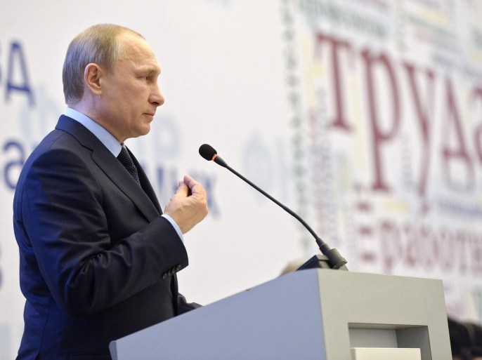 Russian President Vladimir Putin speaks during the IX Congress of the Federation of independent trade unions of Russia in Sochi, Russia, 07 February 2015. The US wants Russia to show it is serious about a Franco-German peace initiative for Ukraine with actions and not words, US Vice President Biden says.