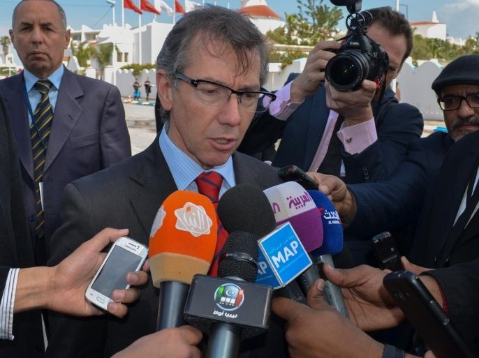 RABAT, MOROCCO - MARCH 21 : Special Representative and Head of the United Nations Support Mission in Libya, Bernardino Leon speaks to the press on reconciliation process in as-Sahirat region of Rabat, Morocco on March 21, 2015.