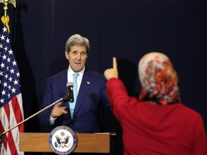 US Secretary of State John Kerry (C) acknowledges a journalist's question during a news conference in the Red Sea resort of Sharm El-Sheikh, Egypt, 14 March 2015. Kerry was attending an investment conference which was opened by Egypt's President Abdel-Fattah al-Sissi on 13 March 2015 and during which Saudi Arabia, Kuwait and the United Arab Emirates announced to provide 4 billion dollars each to support the Egyptian economy in a mix of aid, investments and deposits in the Egyptian central bank.