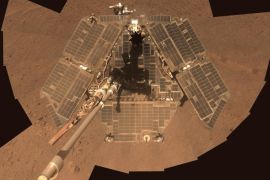 NASA's Mars Exploration Rover Opportunity is shown in this handout photo released to Reuters July 29, 2014. Opportunity has set a new off-Earth, off-road distance record, logging just over 25 miles (40 km) on the surface of the Red Planet to surpass the old benchmark set in 1973 by a Russian probe on the moon. REUTERS/NASA/JPL-Caltech/Cornell Univ./Arizona State University/Handout (UNITED STATES - Tags: SCIENCE TECHNOLOGY) FOR EDITORIAL USE ONLY. NOT FOR SALE FOR MARKETING OR ADVERTISING CAMPAIGNS. THIS IMAGE HAS BEEN SUPPLIED BY A THIRD PARTY. IT IS DISTRIBUTED, EXACTLY AS RECEIVED BY REUTERS, AS A SERVICE TO CLIENTS