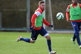 ST ALBANS, ENGLAND - MARCH 03: Aaron Ramsey of Arsenal during a training session at London Colney on March 3, 2015 in St Albans, England.