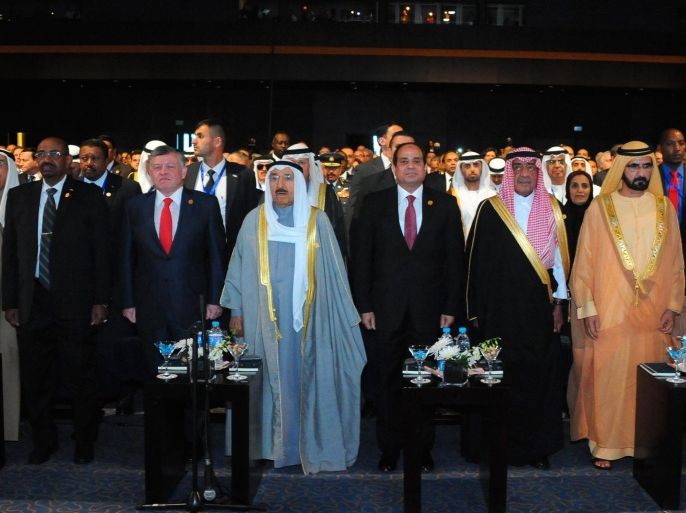 From left to right, King of Bahrain Hamad bin Isa Al Khalifa, Sudanese President Omar al-Bashir, King Abdullah of Jordan, Emir of Kuwait Sheik Sabah Al Ahmad Al Sabah, Egyptian President Abdel-Fattah el-Sissi, Saudi Crown Prince Muqrin bin Abdul-Aziz, Sheikh Mohammed Bin Rashid al-Maktoum, ruler of Dubai, and other delegates attend the opening ceremony of the Egypt Economic Development Conference, in Sharm el-Sheikh, Egypt, Friday, March 13, 2015. Egypt's Gulf Arab allies promised it $12 billion in new investment and aid on Friday, as El-Sissi opened the conference to promote an ambitious recovery plan for his country's ailing economy. (AP Photo/MENA)