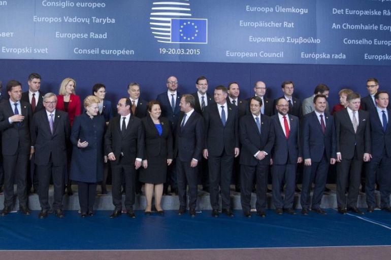 European Union leaders pose for a group photo during a European Union leaders summit in Brussels March 19, 2015. EU leaders meet on Thursday to discuss the planned Energy Union and the situation in Ukraine, with a smaller group including German Chancellor Angela Merkel and French President Francois Hollande set to meet Greek Prime Minister Alexis Tsipras at the end. REUTERS/Yves Herman