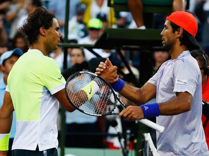KEY BISCAYNE, FL - MARCH 29: Fernando Verdasco of Spain meets Rafael Nadal of Spain after defeating him during day 7 of the Miami Open at Crandon Park Tennis Center on March 29, 2015 in Key Biscayne, Florida.
