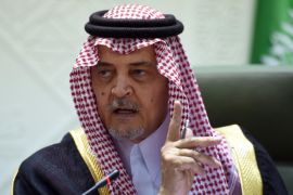 Saudi Foreign Minister Prince Saud bin al-Faisal bin Abdulaziz gestures during a joint press conference with British Foreign Secretary Philip Hammond (not pictured) after a meeting on March 23, 2015 in Riyadh. Prince Saud al-Faisal said that Iran, which is negotiating with world powers on its nuclear programme, should not get 'undeserved deals'.    AFP PHOTO / FAYEZ NURELDINE