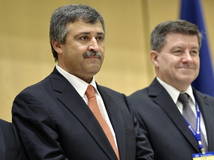 Nidal Mardi Al Katamine, (L) Minister of Labour from Jordan, chairman of the 102nd annual International Labour Conference and British Guy Ryder, (R) Director General of International Labour Organisation (ILO) on the opening day of the 102nd ILO Conference, at the European headquarters of the United Nations in Geneva, Switzerland, 05 June 2013.