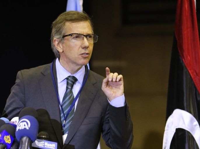 UN Special Envoy to Libya, Bernardino Leon, speaks during a press conference at the Palais des Congres of Skhirate 30 km south of Rabat, Thursday, March 5, 2015. Following the opening of the talks, the UN Special Envoy expressed his confidence that the two sides felt a degree of urgency to reach an agreement amid the deteriorating situation in the country. (AP Photo/Abdeljalil Bounhar)
