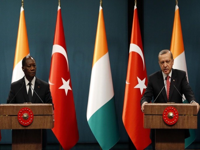 ANKARA, TURKEY - MARCH 26: Turkey's President Recep Tayyip Erdogan (R) and Ivory Coast's President Alassane Ouattara (L) hold a joint press conference after an official meeting with their delegates at Presidential Palace in Ankara, Turkey on March 26, 2015.