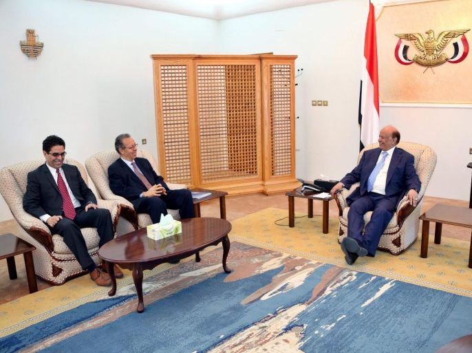 A handout picture made available by the Office of the Yemeni President shows Yemeni President, Abdo Rabbo Mansour Hadi (R), meeting with the UN envoy to Yemen, Jamal Benomar (2 - L), at the Presidential Palace in Aden, Yemen, 04 March 2015. According to reports the UN envoy has told the Security Council that he is disappointed the Houthis had not adhered to calls made by the Council to withdraw from government institutions, release those under house arrest, and refrain from further unilateral actions that could undermine the political transition and security of Yemen. EPA/YEMENI PRESIDENCY OFFICE / HANDOUT