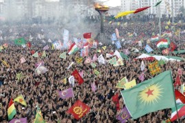 Supporters of Kurdistan Workers' Party (PKK ) gather during a rally as part of Nowruz, or Kurdish New Year, celebrations in Diyarbakir, Turkey, 21 March 2015. Nowruz, which means 'new day' in Kurdish, marks the arrival of spring. The jailed leader of the separatist Kurdistan Workers Party (PKK), Abdullah Ocalan, called PKK to convene congress to discuss laying down arms.