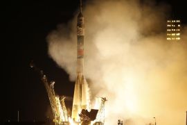 The Soyuz-FG rocket booster with Soyuz TMA-16M space ship carrying a new crew to the International Space Station, ISS, blasts off at the Russian leased Baikonur cosmodrome, Kazakhstan, Saturday, March 28, 2015. The Russian rocket carries U.S. astronaut Scott Kelly, Russian cosmonauts Gennady Padalka, and Mikhail Korniyenko,. (AP Photo/Dmitry Lovetsky)