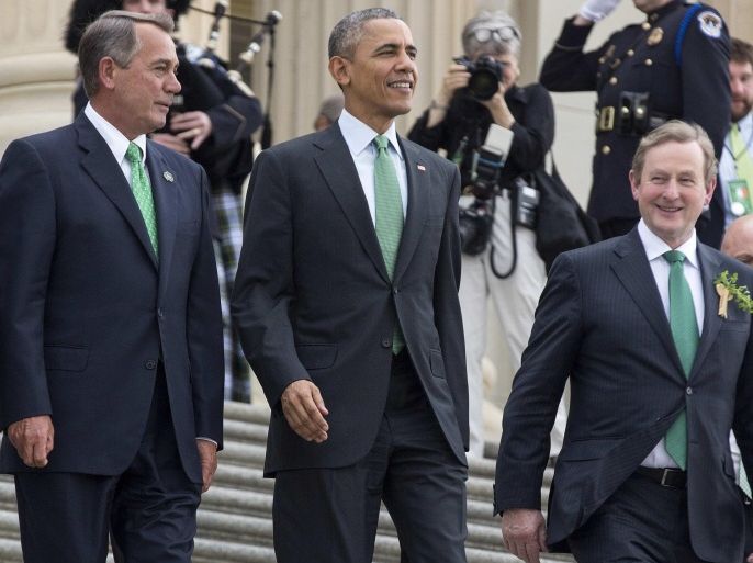 Speaker of the House John Boehner (R-OH), U.S. President Barack Obama and Irish Taoiseach Enda Kenny walk down the steps of the House of Representatives after having lunch to celebrate St. Patrick's Day on Capitol Hill in Washington on March 17, 2015. REUTERS/Joshua Roberts (UNITED STATES - Tags: POLITICS ANNIVERSARY)