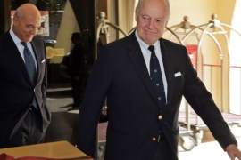UN special envoy to Syria, Staffan de Mistura (R), leaves for a meeting from the Sheraton hotel in Damascus, Syria, 01 March 2015. According to reports, Syria has agreed to send a fact-finding mission to the contested northern city of Aleppo following talks between Syrian Foreign Minister Walid al-Moallem and de Mistura 28 February, the UN is still trying to implement a freeze in fighting in the much contested city.