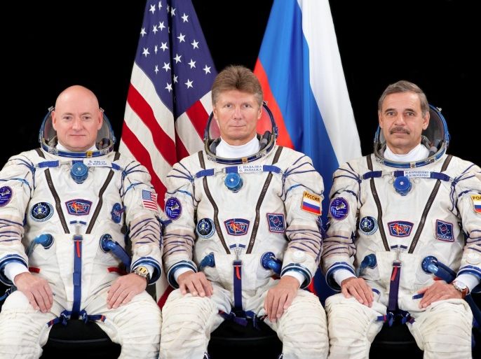 An undated handout photograph made availalble by NASA on 18 March 2015 showing the prime crew members for International Space Station Expedition 43 taking a break in training for a crew portrait. (L-R) Flight Engineers Scott Kelly of NASA, Gennady Padalka and Mikhail Kornienko of Roscosmos. Kelly and Kornienko will be spending an entire year in space on board the ISS. The first one-year crew for the International Space Station is set to launch, 27 March 2015 from the Baikonur Cosmodrome in Kazakhstan. EPA/NASA / HANDOUT
