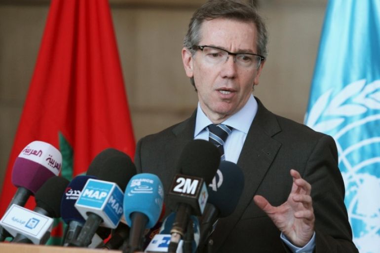 U.N. Special Representative and Head of the United Nations Support Mission in Libya, Bernardino Leon holds a news conference on Libya's reconciliation process at the es-Sahirat region of Rabat, March 20, 2015. REUTERS/Stringer
