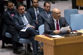 Permanent Representative of the Mission to Yemen, Khaled Hussein Al Yemany, right, speaks during a meeting of the United Nations Security Council at UN headquarters, Sunday, March 22, 2015. (AP Photo/Craig Ruttle)