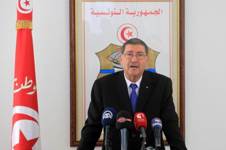 TUNIS, TUNISIA - MARCH 29: Tunisian Prime Minister Habib Essid delivers a speech over the killing of eight militants suspected of the Bardo Museum attack at the Tunis-Carthage International Airport on March 29, 2015. Tunisian police have killed eight militants in the southern province of Gafsa, including one likely to be the suspected chief architect of a recent deadly attack on Tunis' Bardo Museum.