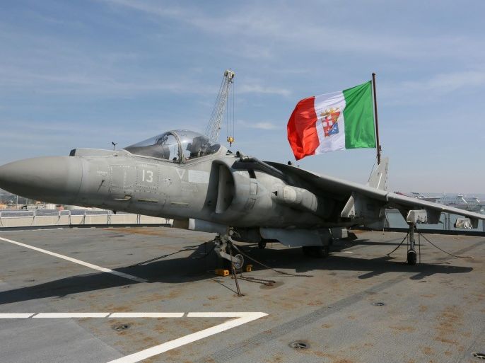 ROME, ITALY - APRIL 8 : Italian military jet is seen during the celebration of the return of the 30th Naval Group on the aircraft carrier 'Cavour' to Italy in Rome's Civitavecchia town Italy on April 8, 2014.