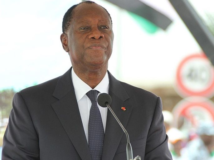 ABIDJAN, IVORY COAST - MARCH 21: President of the Ivory Coast Alassane Ouattara speaks during the opening ceremony of Jakvel Bridge constructed by Egyptian companies, in Abidjan, Ivory Coast, on March 21, 2015.