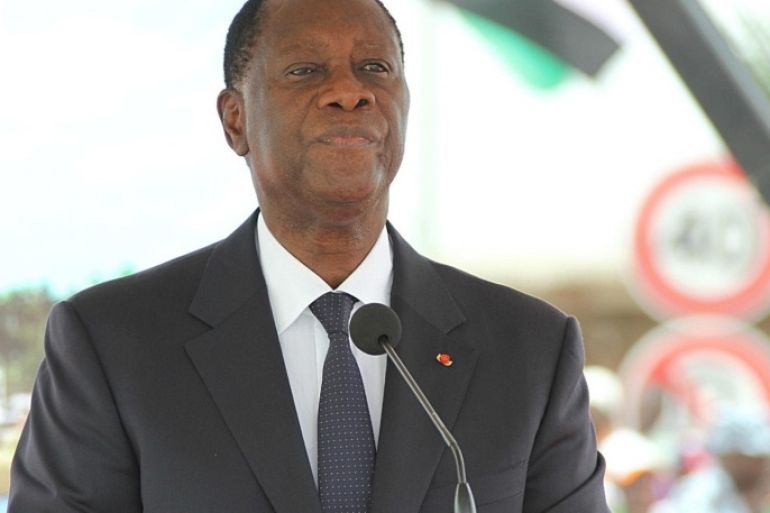 ABIDJAN, IVORY COAST - MARCH 21: President of the Ivory Coast Alassane Ouattara speaks during the opening ceremony of Jakvel Bridge constructed by Egyptian companies, in Abidjan, Ivory Coast, on March 21, 2015.