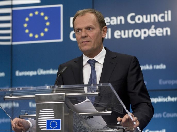 European Council President Donald Tusk speaks during a media conference at an EU summit in Brussels on Thursday, March 19, 2015. Ukraine is urging the European Union to stay united on keeping up sanctions pressure on Russia over the conflict in eastern Ukraine as EU leaders gather for a two-day summit. (AP Photo/Virginia Mayo)