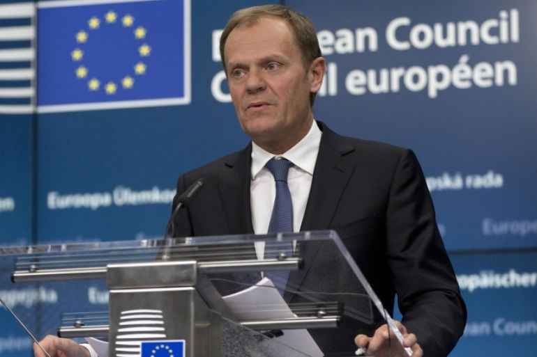 European Council President Donald Tusk speaks during a media conference at an EU summit in Brussels on Thursday, March 19, 2015. Ukraine is urging the European Union to stay united on keeping up sanctions pressure on Russia over the conflict in eastern Ukraine as EU leaders gather for a two-day summit. (AP Photo/Virginia Mayo)
