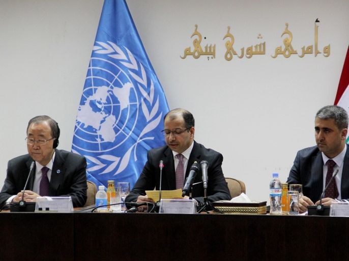 BAGHDAD, IRAQ - MARCH 30: Secretary-General of the United Nations Ban Ki-moon (L) and Iraqi Parliament Speaker Selim elCuburi (C) hold a press conference after their meeting in Baghdad on March 30, 2015.