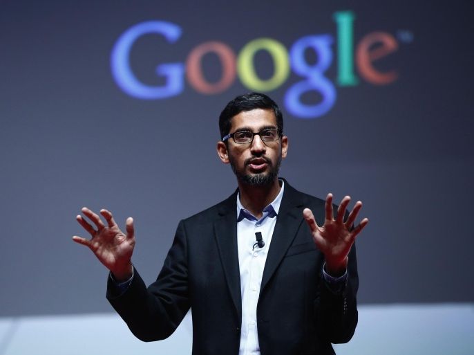 Sundar Pichai, senior vice president of Android, Chrome and Apps at Google Inc., speaks during a keynote session at the Mobile World Congress in Barcelona, Spain, on Monday, March 2, 2015. The event, which generates several hundred million euros in revenue for the city of Barcelona each year, also means the world for a week turns its attention back to Europe for the latest in technology, despite a lagging ecosystem.