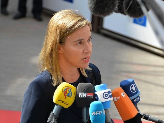 BRUSSELS, BELGIUM - APRIL 23: Federica Mogherini, High Representative of the Union for Foreign Affairs and Security Policy, speaks to the media upon her arrival at the EU headquarters before the European Union summit in Brussels, Belgium on April 23, 2015.