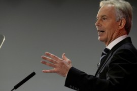 Former British Prime Minister Tony Blair speaks during a visit to the Hitachi factory in Newton Aycliffe, England, Tuesday April 7, 2015, warning of economic chaos should Prime Minister David Cameron’s Conservative Party win the next General Election. Blair won three elections under the Labour Party banner in the past, and now enters the campaign trail for Labour before Britain goes to the polls in a General Election on May 7. (AP Photo/Owen Humphreys, PA) UNITED KINGDOM OUT - NO SALES - NO ARCHIVE