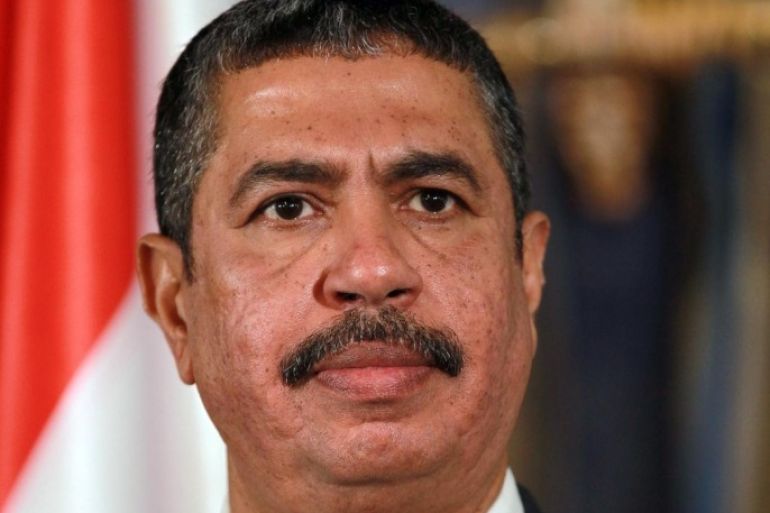 Newly appointed Yemeni Prime Minister Khalid Bahah holds a press conference after his cabinet was sworn in at the Presidential Palace on November 9, 2014 in the capital Sanaa. The formation of the new cabinet on November 8, under a peace deal agreed when Shiite Huthi rebels seized the capital on September 21, had been delayed because of tensions between the rebels and their political rivals. AFP PHOTO / MOHAMMED HUWAIS
