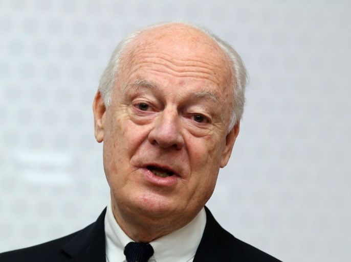 UN Special Envoy for Syria Staffan de Mistura informs the press after talks with Austrian Foreign Minister Sebastian Kurz at the foreign ministry in Vienna, Austria, Friday, Feb. 13, 2015. (AP Photo/Ronald Zak)