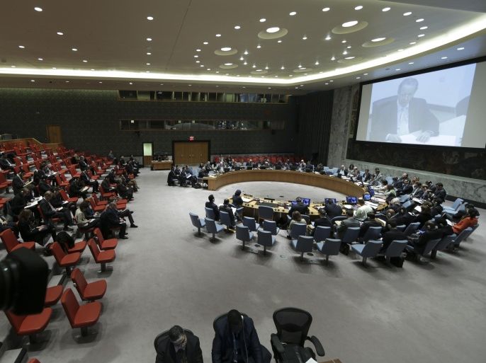 NEW YORK, UNITED STATES - MARCH 22: Members are seen during an emergency meeting on Yemen amid a deteriorating security situation in the country at United Nations Security Council in New York, United States on March 22, 2015. UN Special Adviser on Yemen to the United Nation Jamal Benomar (on the screen) attend to the meeting through video conference.