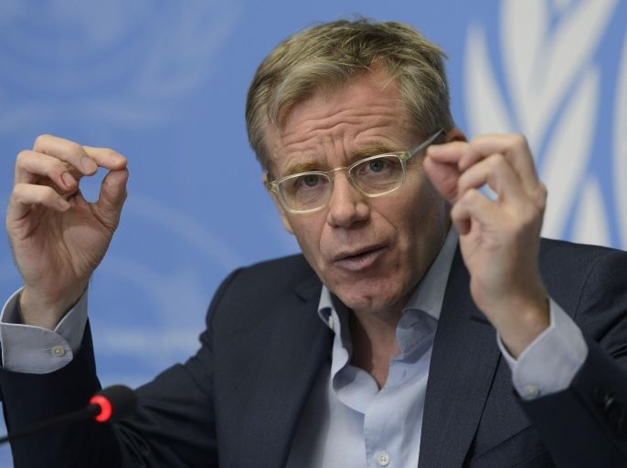 Bruce Aylward, Special Representative of the Director-General for the Ebola Response and Assistant Director-General, Emergencies of the World Health Organization, WHO, speaks during a press conference about the new operational WHO/WFP partnership to get to zero Ebola cases, at the European headquarters of the United Nations in Geneva, Switzerland, Wednesday, March 11, 2015. (AP Photo/Keystone, Martial Trezzini)